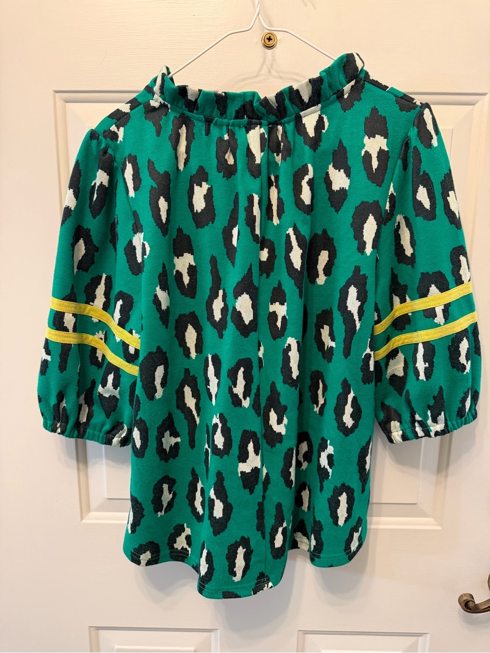 VOY Green Leopard Print Ruffle Neck Top with Yellow Stripe Sleeves - Picture 4 of 5